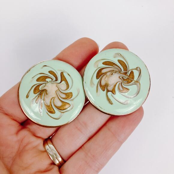 VTG 1980s Enamel Oversized Mint Green Abstract Earrings Scandinavian Influence? - Picture 2 of 12